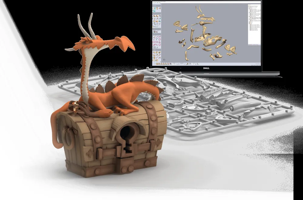 Painted toy sculpture designed in Geomagic Freeform with 3D print sprue and laptop